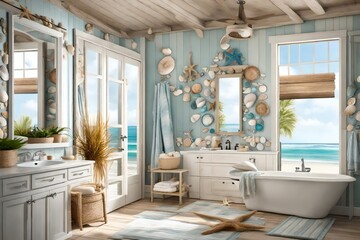 A coastal-themed bathroom with seashell decorations and a beach view.