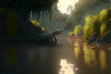 crocodile in the river35mm rated PG13 big budget movie screen grab sunset lighting octane render HD photographic quality unreal engine render postproduction movie still 8k resolution  - obrazy, fototapety, plakaty
