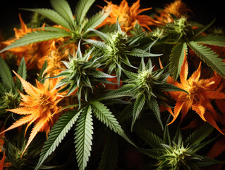 Vibrant Exotic Cannabis with Leaves and Buds on Orange Colors: Long Banner of Marijuana Plants. Beautiful Tropical Cannabis Background. New Look on Agricultural Strain of Hemp.