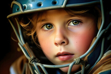 Photo of a child wearing a protective baseball helmet up close