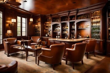 An upscale cigar lounge with leather armchairs, a humidor, and a mahogany bar. - obrazy, fototapety, plakaty