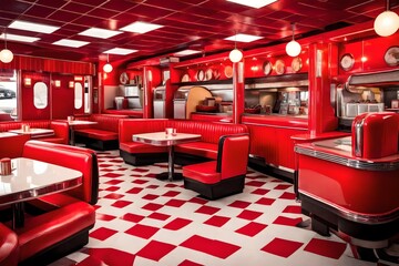 Fototapeta premium A retro 1950s diner with red vinyl booths and a jukebox.