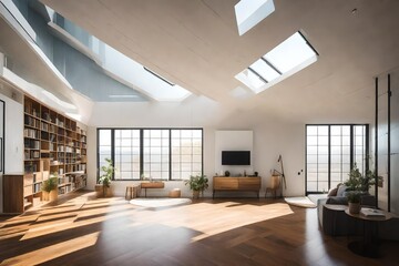 Fototapeta premium Explain the use of natural light and skylights to brighten the interior.