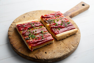 Coca of roasted red peppers. Traditional recipe from the island of Mallorca.