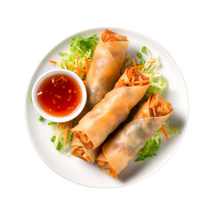 top view of chinese food Spring Rolls isolated on a white transparent background