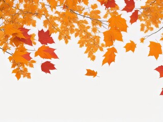 Una ráfaga de hojas doradas y rojas de otoño bailando en el aire contra un fondo blanco  - obrazy, fototapety, plakaty