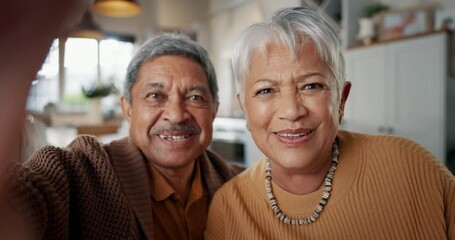 Face, video call or senior couple in living room talking on digital connection, virtual app or social media. Happy man, mature woman or people speaking online in selfie at home in retirement together - Powered by Adobe