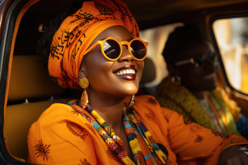 Woman wearing sunglasses and turban sitting in car. This image can be used to depict stylish and confident woman on road trip or traveling in fashionable way.