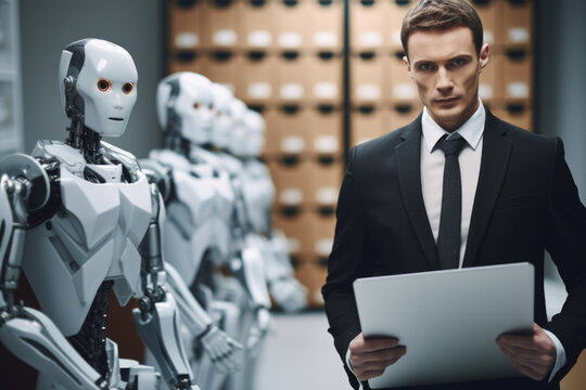 Man in suit holding laptop in front of robots. This image can be used to represent technology, artificial intelligence, or future of automation.