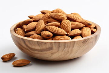 Wooden bowl filled with almonds placed on white surface. This image can be used to showcase healthy snacks or for recipes and food-related content.