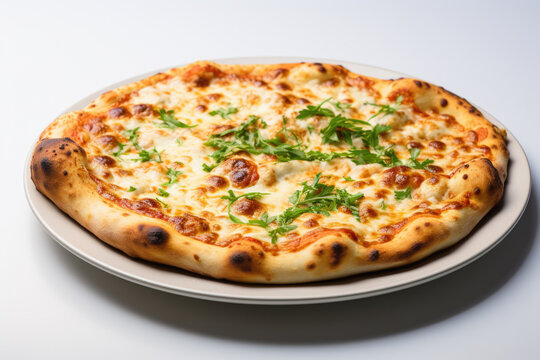 Delicious pizza topped with melted cheese on white plate. This image can be used to showcase mouthwatering pizza or to illustrate food and dining concepts.