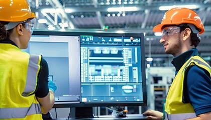 technicians control the production line through the computer screen. Taken from behind the technician, the background of a large factory is in the production process