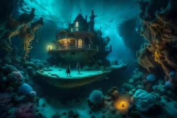 A surreal underwater world with bioluminescent creatures, coral castles, and an otherworldly glow.