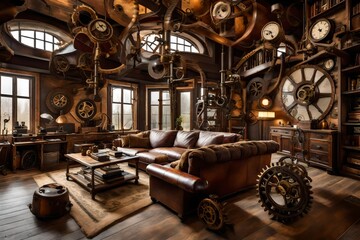 A steampunk-themed living room with  gears and leather furniture.
