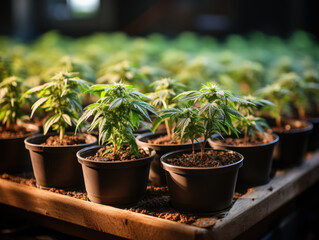 Growing Cannabis Indoors with SoG Hemp Cultivation Technique: Vegetative Stage of Marijuana Growth, Background of Cannabis Leaves and a Large Amount of Medical Marijuana.