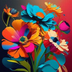 Original floral design with exotic flowers and tropic leaves. Colorful flowers on bright background.