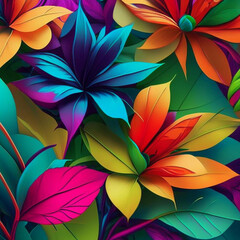 Original floral design with exotic flowers and tropic leaves. Colorful flowers on bright background.