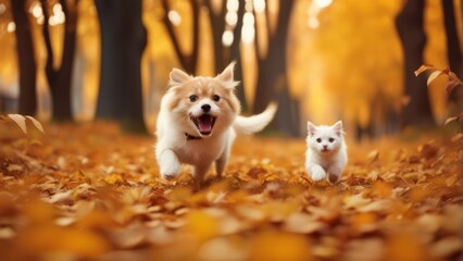 Funny happy cute dog and cat running, smiling in the leaves. Golden autumn fall background