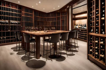 Fotobehang A contemporary wine tasting room with a glass wall showcasing an extensive wine collection. © AQ Arts