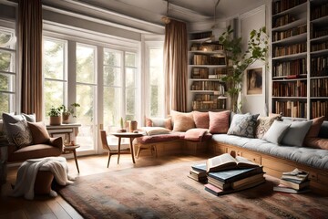 A cozy reading nook by a large window, adorned with plush cushions and a stack of books.