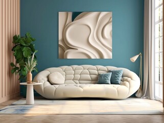 Interior design sleek living room with stylish sofa, coffee table,paintings, texture wall, fabulous finishings