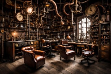 Obraz na płótnie Canvas A steampunk laboratory with vintage equipment and leather armchairs.