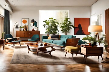 A mid-century modern living room with iconic furniture pieces and retro decor.