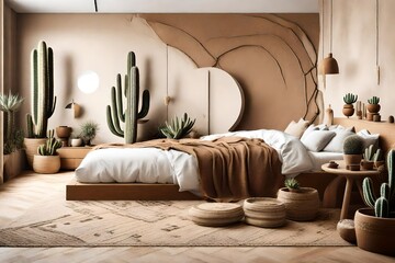 A desert-inspired bedroom with earthy tones, cacti decor, and sand-inspired textures.
