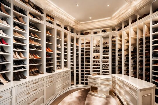 A luxurious walk-in closet with rows of designer clothing, shoes, and accessories neatly displayed.