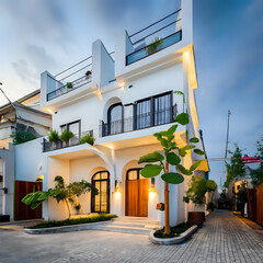 front view of townhouse in style of modern,small house, Narrow area,VietNam,facade, curved arch,beautiful 