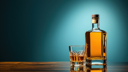 Background with whiskey bottle and glass, empty copy space, wallpaper