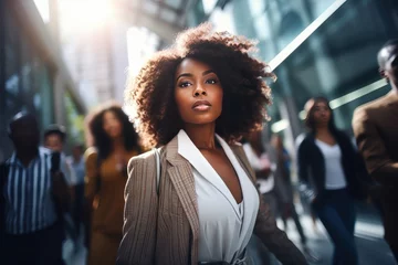 Foto op Canvas African Businesswoman Walking in Modern City, Beautiful Woman Walks on a Crowded Pedestrian Street, Business Manager Surrounded by Blur People on Busy Street. © CYBERUSS