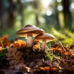 Fototapeta premium Champignons mushrooms on the ground in beautiful autumn forest