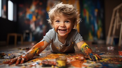 Very Happy boy for the first time draws with paints