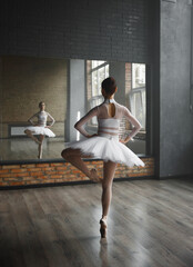 Beautiful young ballerina training classic ballet in studio with huge mirror