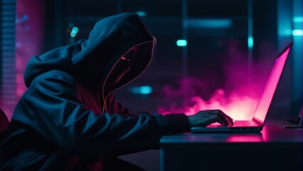 hacker man typing on laptop, hacking computer system. male in mask and pullover.
