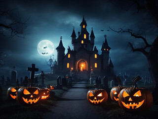 Halloween pumpkin dark night landscape by ai generated