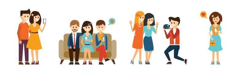 Young Male and Female Taking Selfie with Smartphone Vector Set