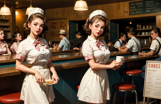 Pin-up waiters in retro cafe. Beautiful girls, 1950s and 1940s fashion. Beautiful pin-up girls working in cafe.