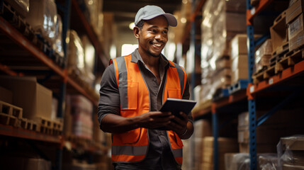 Handsome and Happy Professional Worker Wearing Safety Vest. In the Background Big Warehouse with Shelves full of Delivery Goods. Medium Portrait - obrazy, fototapety, plakaty