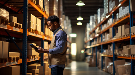 Logistics worker. Man working in a large distribution warehouse. - obrazy, fototapety, plakaty