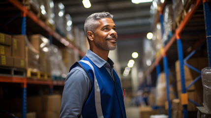 Handsome and Happy Professional Worker Wearing Safety Vest. In the Background Big Warehouse with Shelves full of Delivery Goods. Medium Portrait