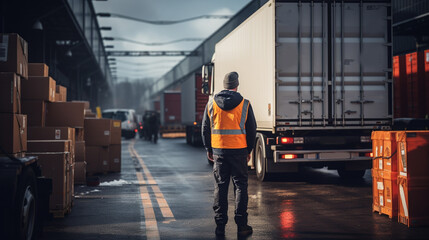 Fototapeta premium Semi Trailer Trucks on Parking at Distribution Warehouse with The Sunset. Truck Wheels Tires. Auto Service Shop. Shipping Trucks. Lorry Tractor. Industry Freight Trucks Logistics Cargo Transport