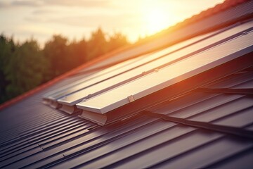 Innovative solar panels on the roof of a house, illuminated by the rays of the morning sun - obrazy, fototapety, plakaty
