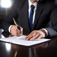 Business man holding a pen to sign the document