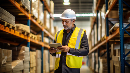 Portrait of middle aged warehouse worker standing in large warehouse distribution center. In background shelves with goods.