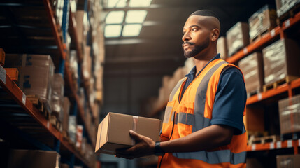 Happy male factory manager in warehouse while standing against goods shelf