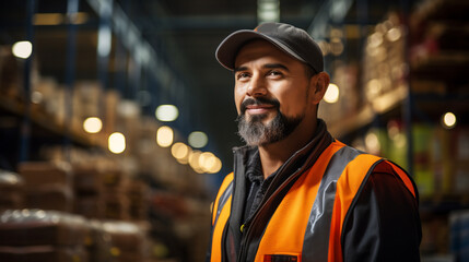 Logistics worker. Man working in a large distribution warehouse. - obrazy, fototapety, plakaty