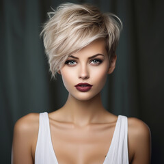 Charming blonde young model woman with short hair