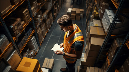 Fototapeta na wymiar Logistics worker. Man working in a large distribution warehouse.